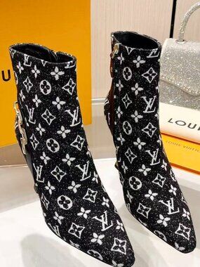 Luxury Black LV Print Heeled Ankle Boots